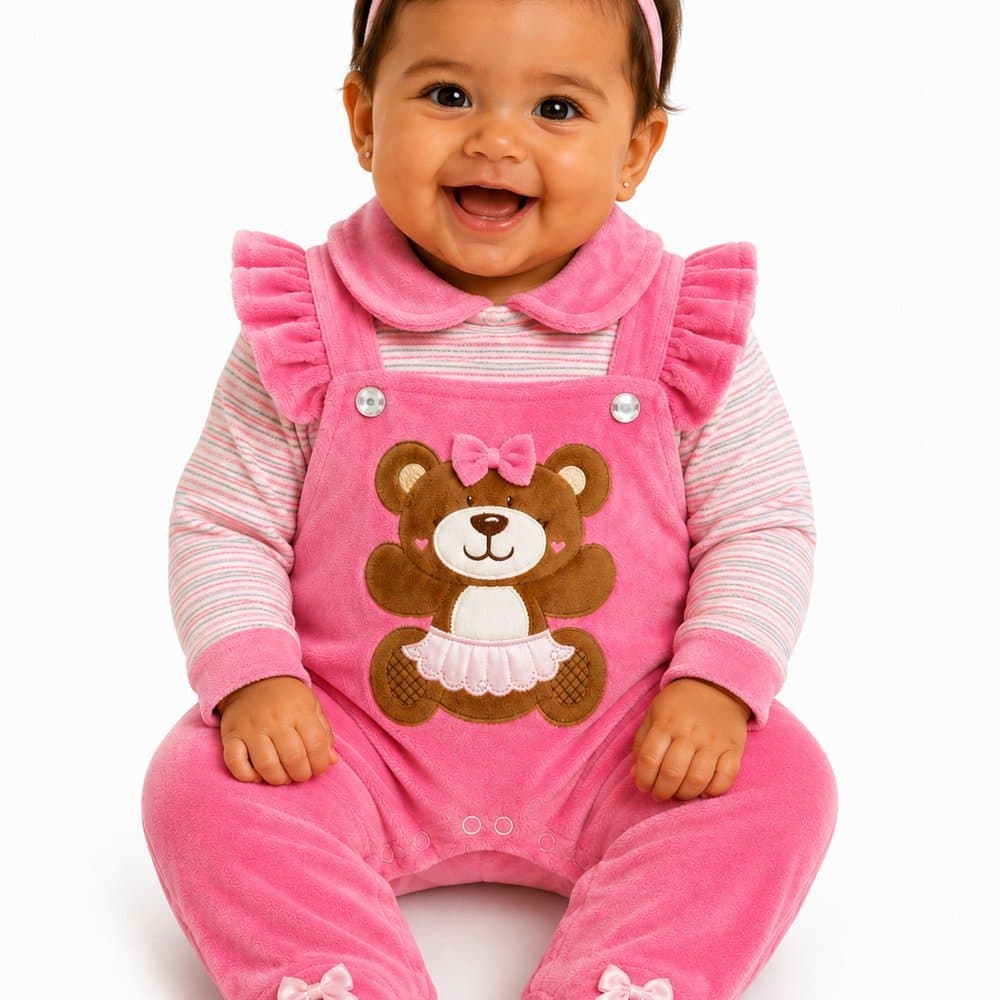 Macacão Bebê Menina Luxo Ursinha Rosa em Plush Peluciado - M.Baby
