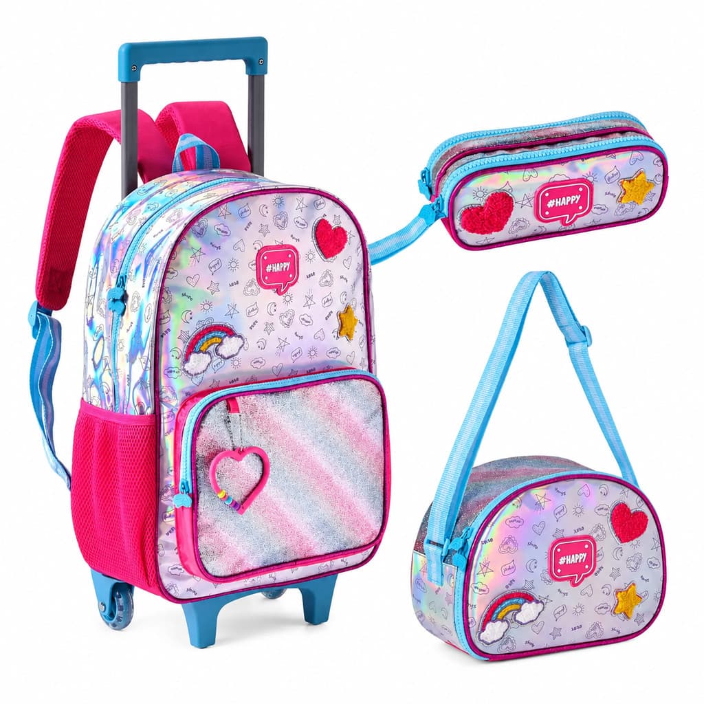 Kit Mochila Lancheira E Estojo Holográfica Rodinha ClioStyle