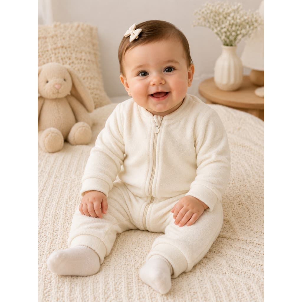 Macacao Pelucia Bebe Fleece Quentinho Tecido de Manta Coberta Ideal Para Inverno Fofo Liso Off White