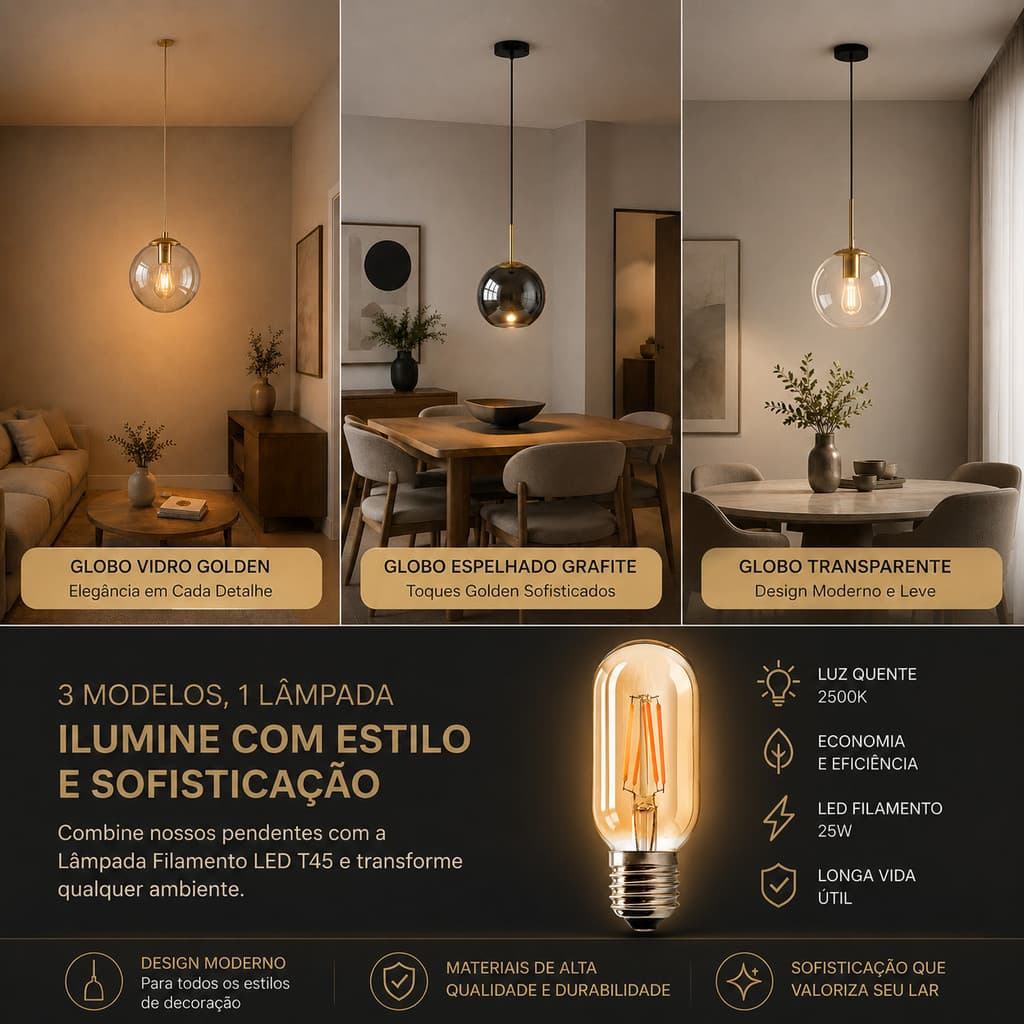 Iluminação Conjunto Pendente de Vidro Decorativo Lâmpada LED Filamento Retrô 4W E27 Bivolt