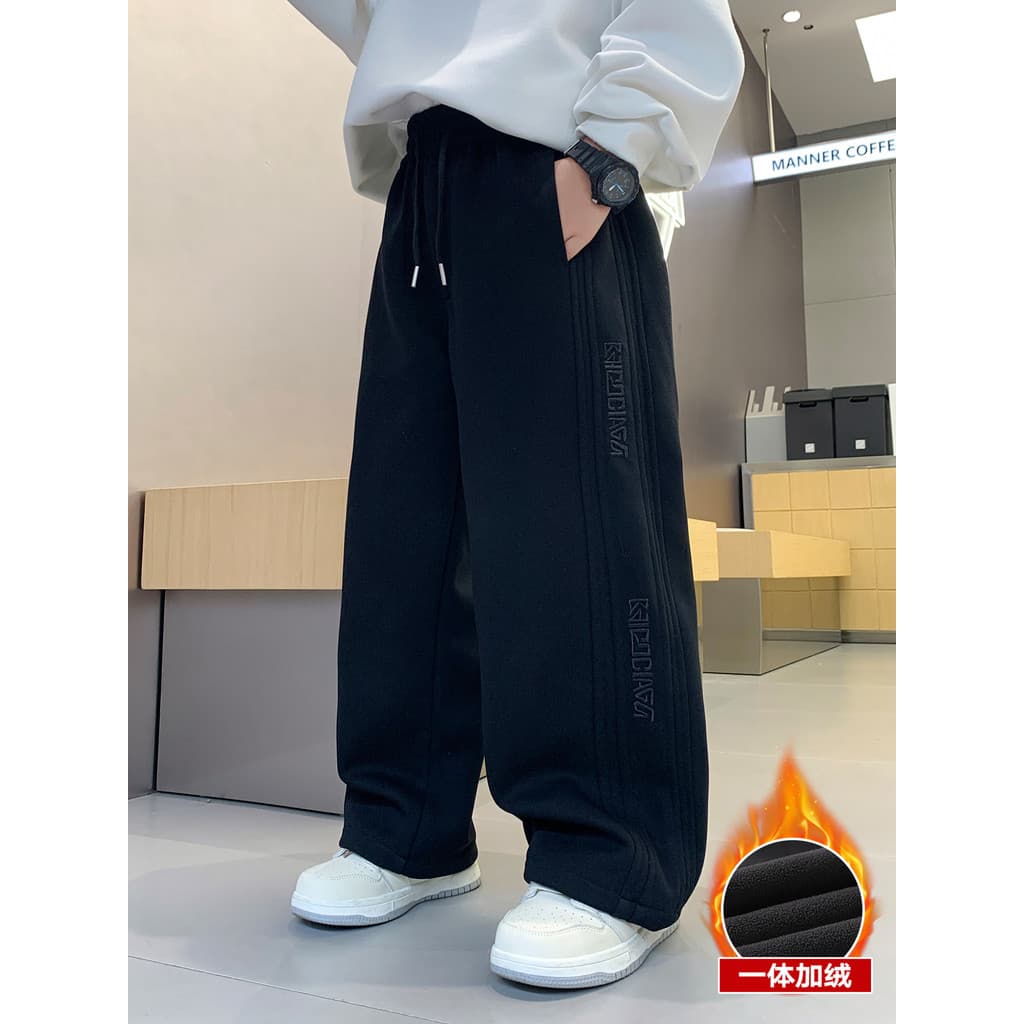 Crianças esportes velo-fleece-calças de lã meninos Sweatpants perna reta cordão grosso primavera