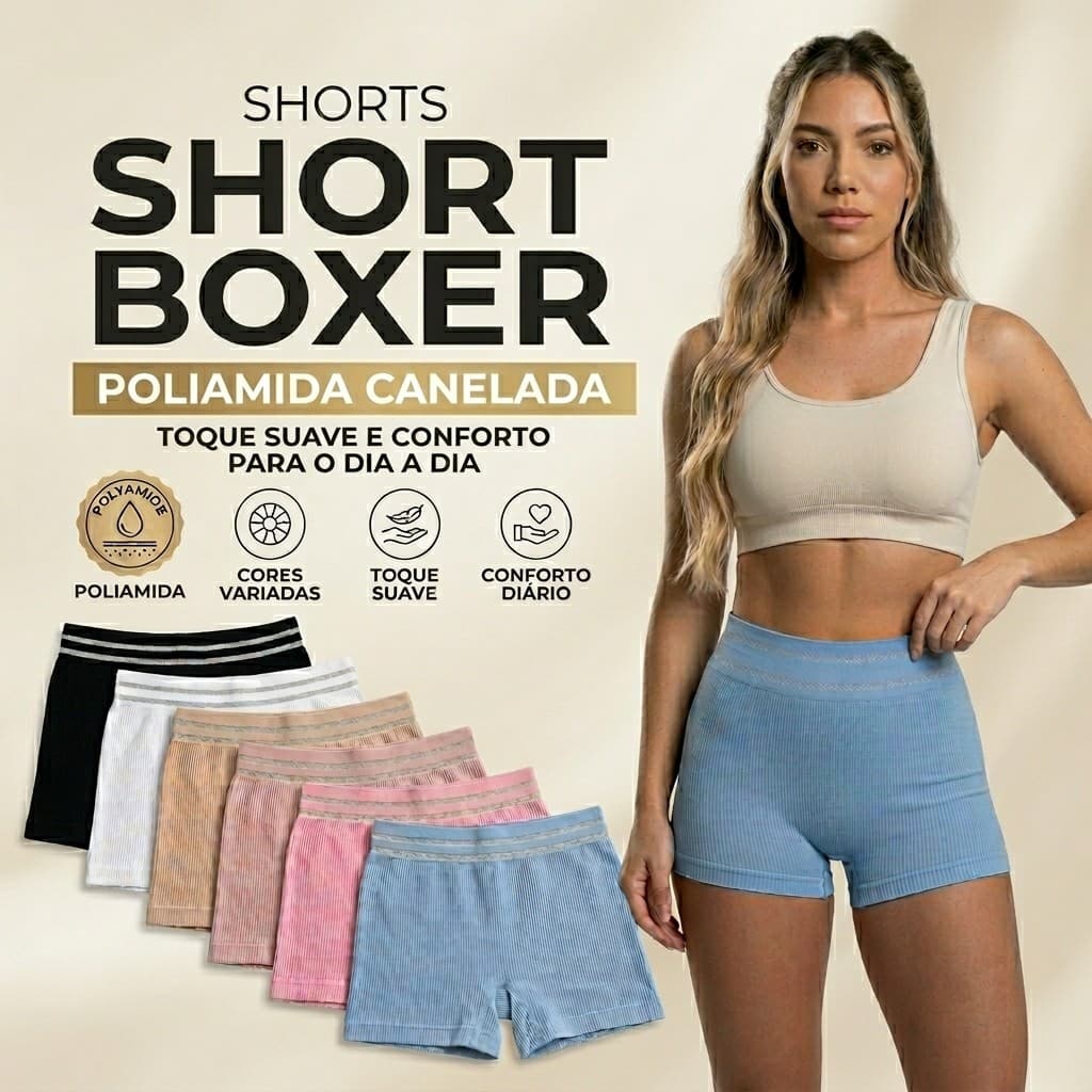 Kit Shortinho Box Canelado De Poliamida Short Boxer Feminino Cintura Alta