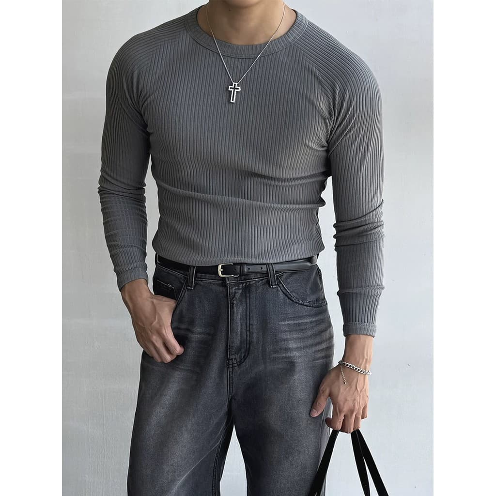 Waffle Jacquard Moletom Masculino Textura Plissada Slim-fit Manga Comprida Decote Pequeno Camiseta Ondulado Kn