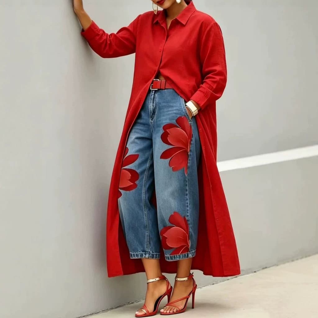 TEMU Estilo Floral Denim Calças de Perna Larga Moda Feminina Casual All-Match Calças Compridas
