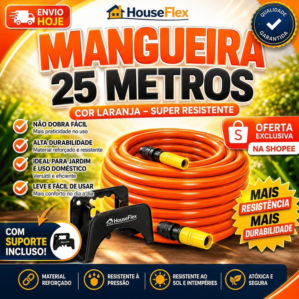 Mangueira 1/2 de Jardim Com Esguicho 25 Metros 100% Silicone Laranja com suporte