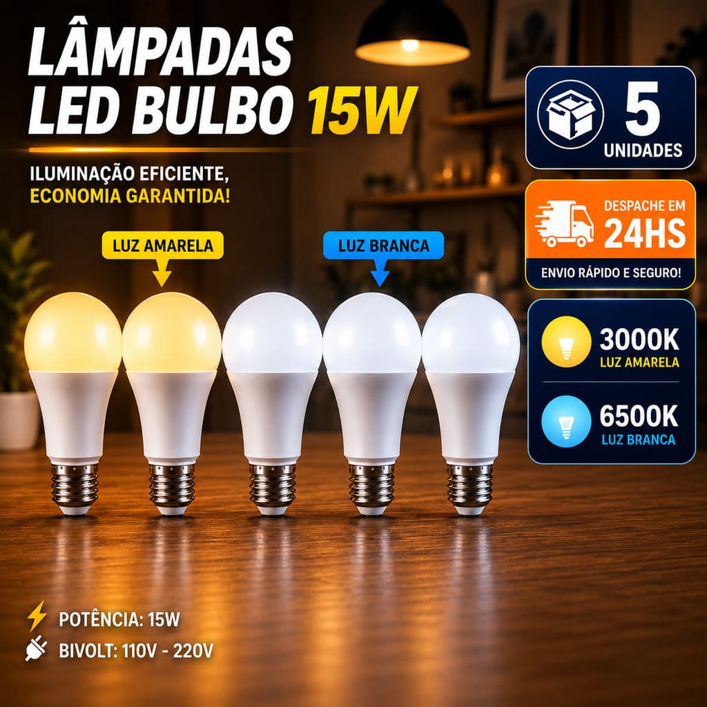 05 Lâmpadas Bivolt Led 15W Iluminação Bulbo A60 Pera Branco Frio 6500K Branco Quente 3000K Luz Amarela E27 Bolinha globo