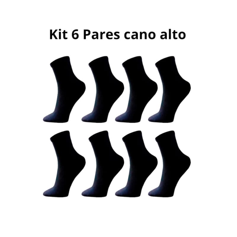 Kit 6 Pares Meia Cano Alto Preta Masculina Feminina Sport Academia Algodão