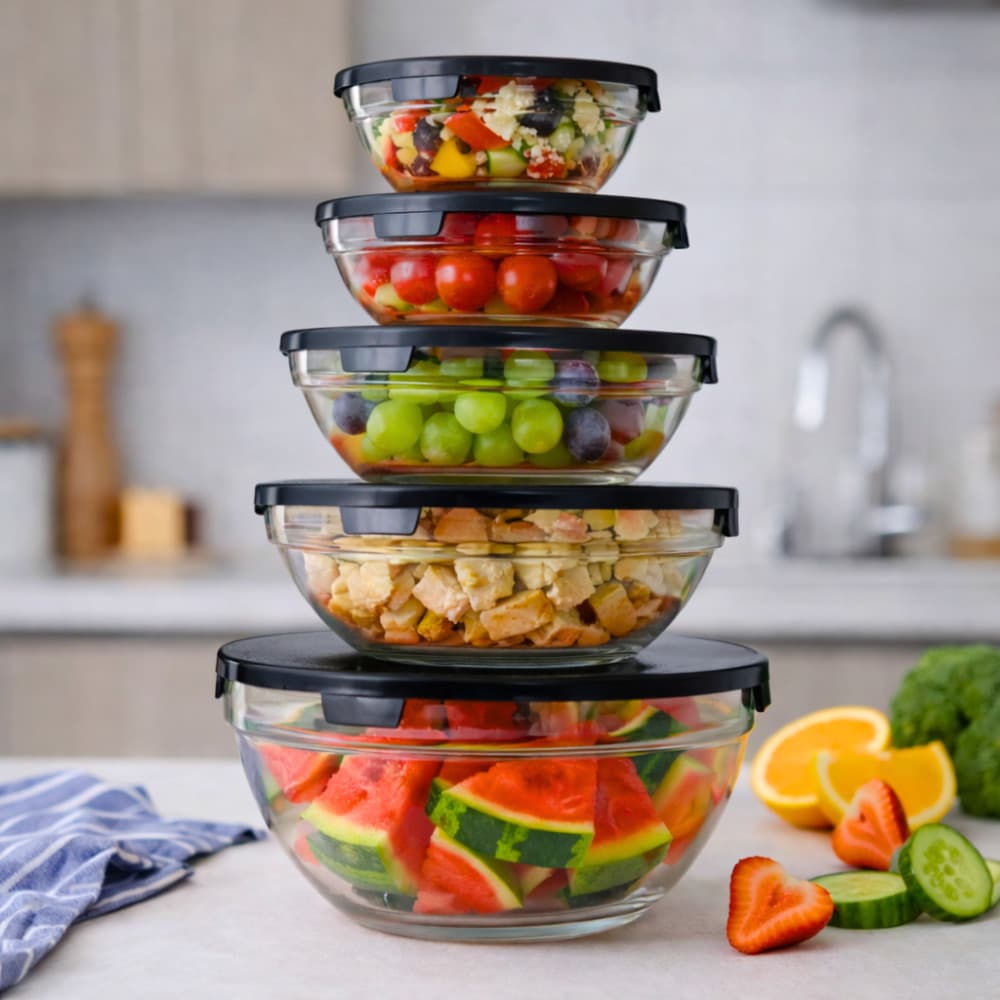 Conjunto 5 Pote De Vidro Transparente Redondo C/ Tampa Fechamento Hermético Para Marmitas Alimentos Freezer Microondas