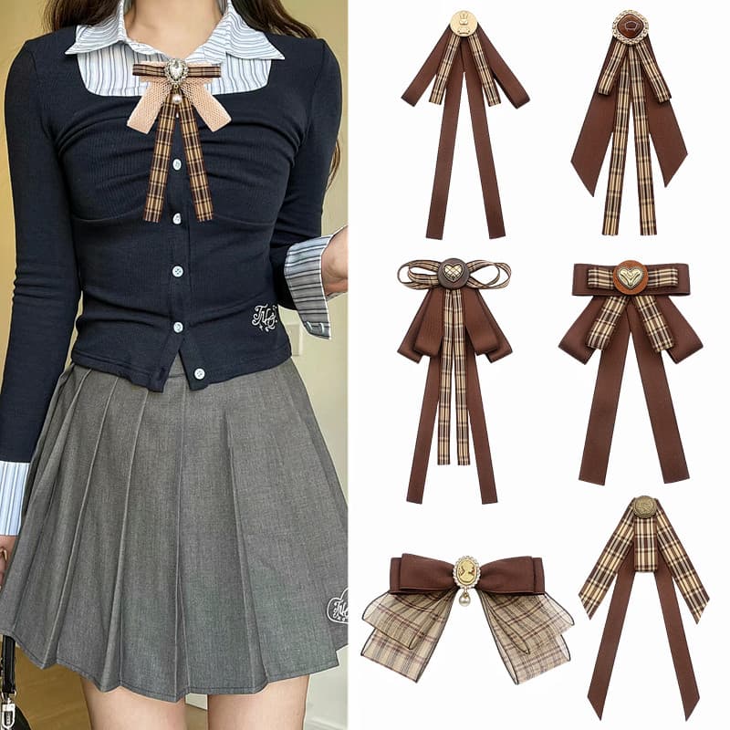 Camisa gravata borboleta feminina cor café Retro fita literária arco estilo Preppy jk gola marrom flor decote decoração