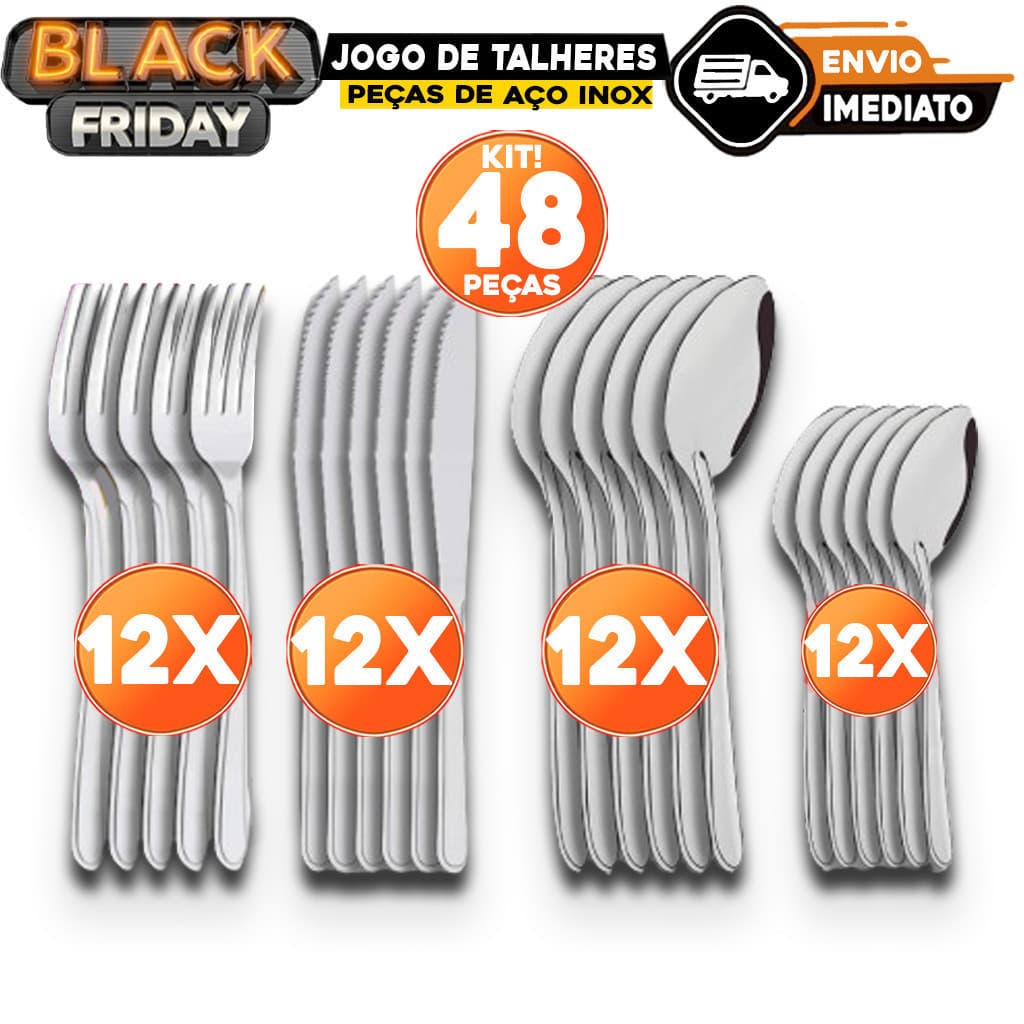 Jogo de Talheres 48 peças de Aço Inox 12 Facas 12 Garfos de Mesa 12 Colheres e 12 Colheres de Sobremesa