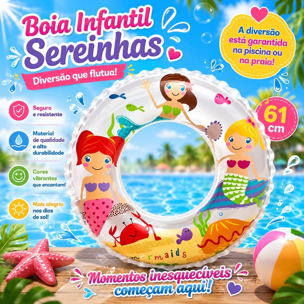 Boia Inflável Estampada Sereias Infantil Praia Piscina 61CM