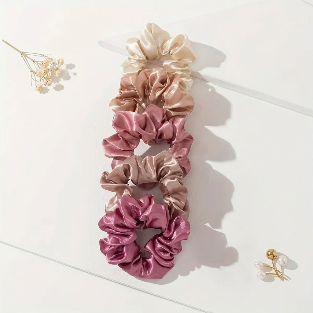 Kit 5 Scrunchies De Cetim Estilo Coreano Kawaii Elástico de Cabelo Macio