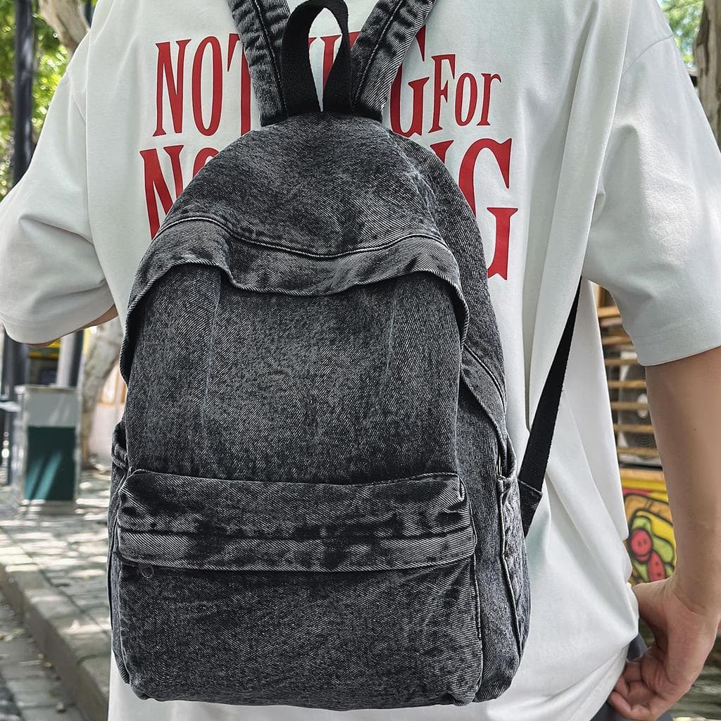 Simples cor sólida Denim mochila Retro japonês All-Match saco de computador Commuter Casual lona estudante saco de escol