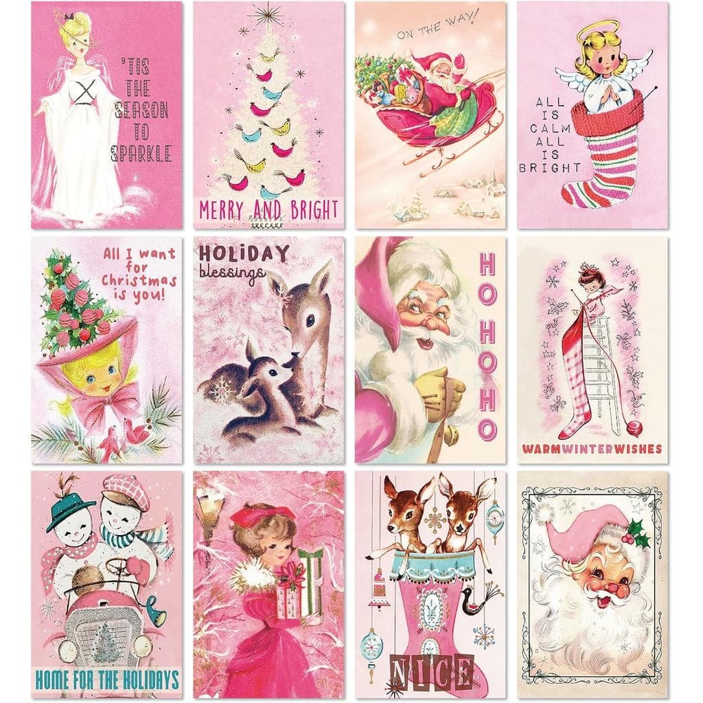 AnyDesign 36 Cartões de Natal com 12 Designs Vintage Rosa, com Envelopes Brancos e Adesivos, Cartões de Presente em Bran