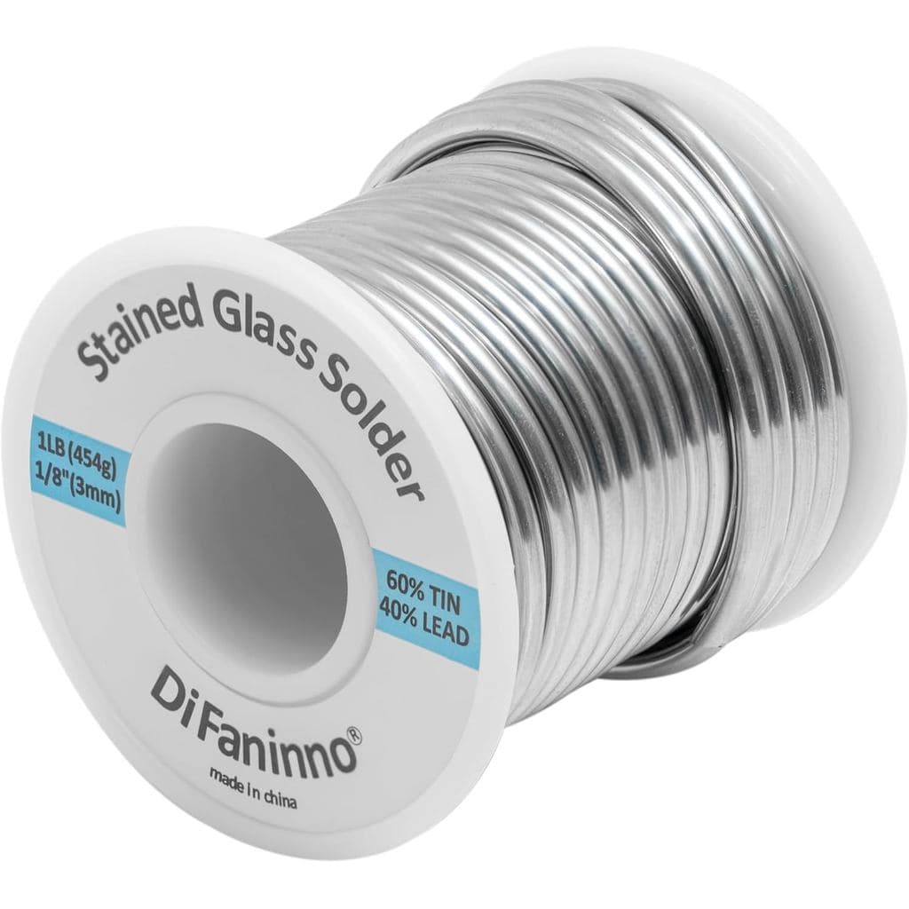 Solda 60/40 para vitral com diâmetro de 3mm (1/8"). Peso líquido 454g (1Lb) núcleo sólido