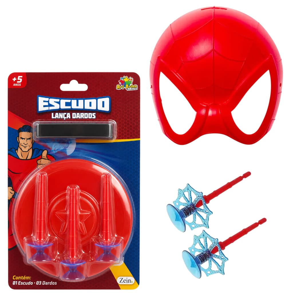 Escudo Infantil Lançador Dardos + Mascara Infantil Aranha Brinquedo Menino