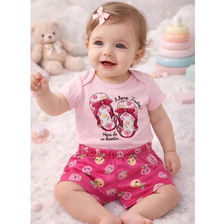 Conjunto Bebê Menina Body em Suedine C/Estampa e Shorts em Poliflex Estampa Fritinhas Zupa Zuka