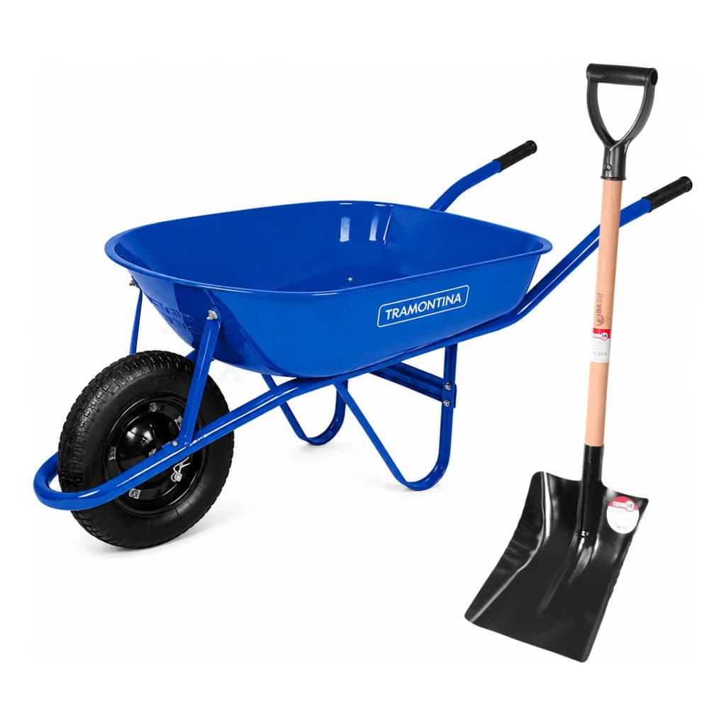 Kit Carrinho De Mão Reforçado De Obra 50l Tramontina + Pá Quadrada Pedreiro Construção Jardim