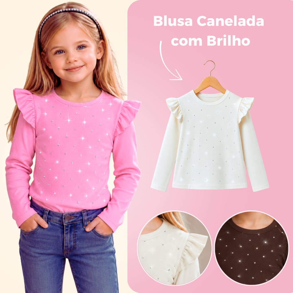 Blusa Infantil Feminina Manga Longa Canelada com Babado e Brilho
