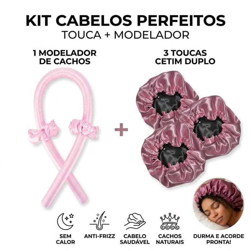 Kit 3 Toucas de Satin Dupla Camada + 1 Modelador de Cachos Sem Calor Anti-Frizz