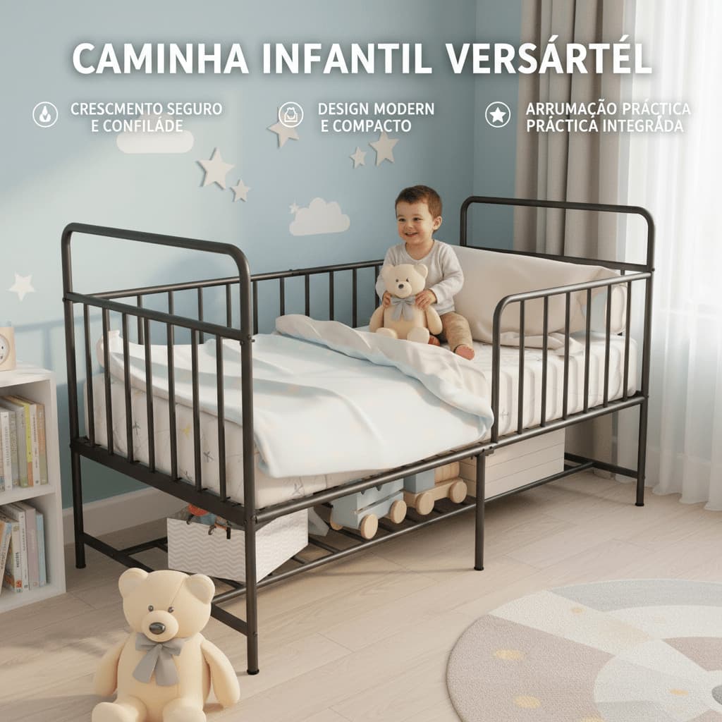 Berço Infantil Portátil em Aço com Grade de Segurança e Cesto Inferior 76,5x41cm – Ideal para Quarto e Viagem