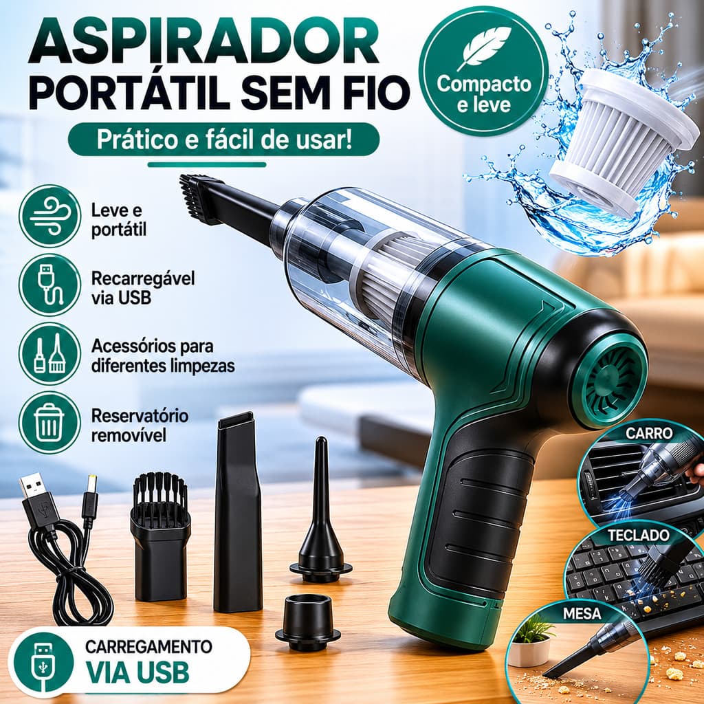Mini Aspirador de Pó Portátil Recarregável USB para Carro e Casa, Máquina de Sucção Potente