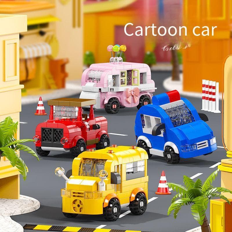 W1531 Blocos de construção de micropartículas Ornamentos temáticos de carro de cidade de desenho animado Montagem de pre
