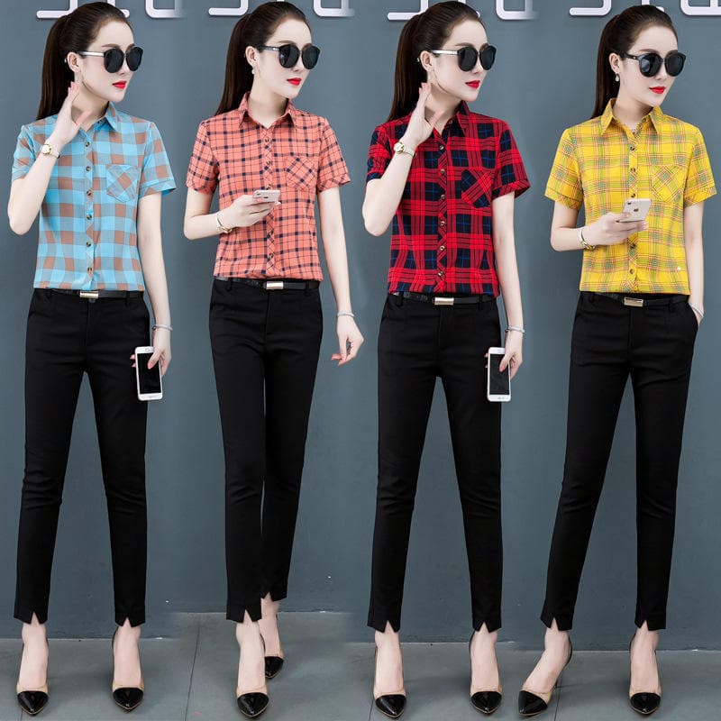 P camisa xadrez feminina manga curta 2020 verão novo estilo versão coreana fresco Casual pequena camisa elegante topo fe
