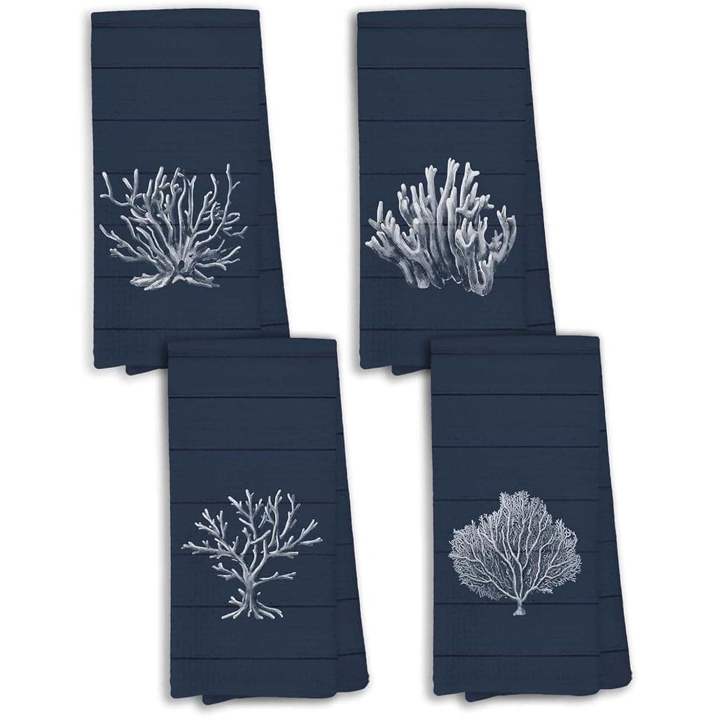 Conjunto De 4 Toalhas De Cozinha Coral Costeiro Azul Marinho , Decoração De Banheiro Para Casa Costeira Mão Praia Marinh