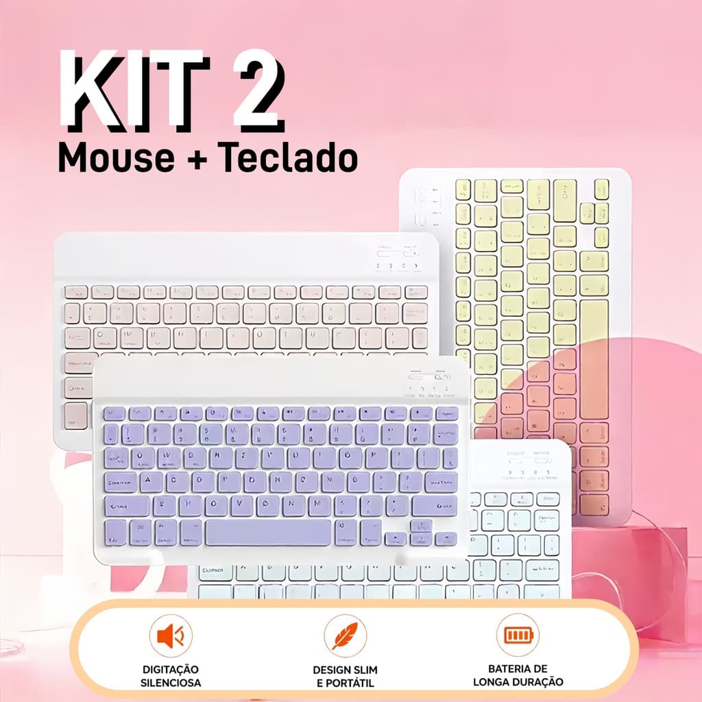 Kit de Teclado e Mouse Sem Fio Bluetooth Macaron com Design Moderno Destinado a PC iPad Tablet e Notebook