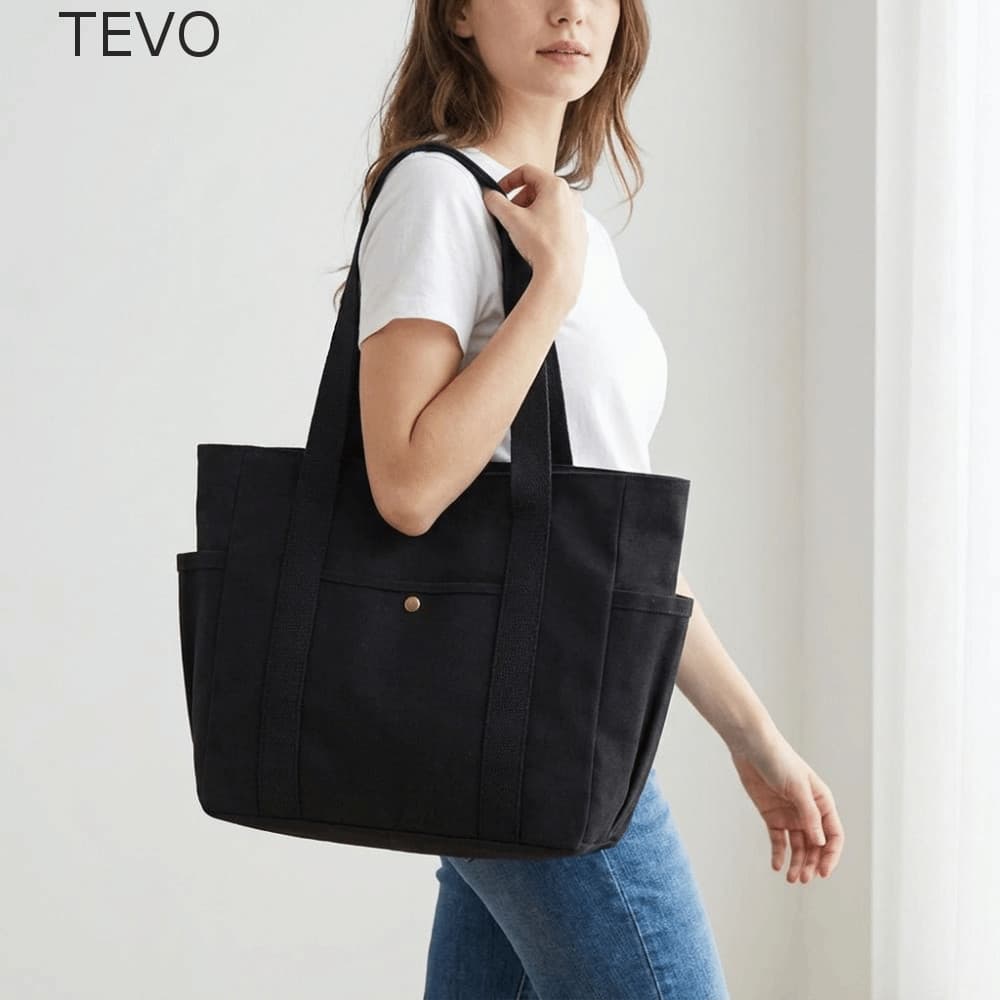 Sacola De Lona TEVO , Bolsa De Compras De Grande Capacidade De Cor Sólida Ombro Quadrada Com Zíper