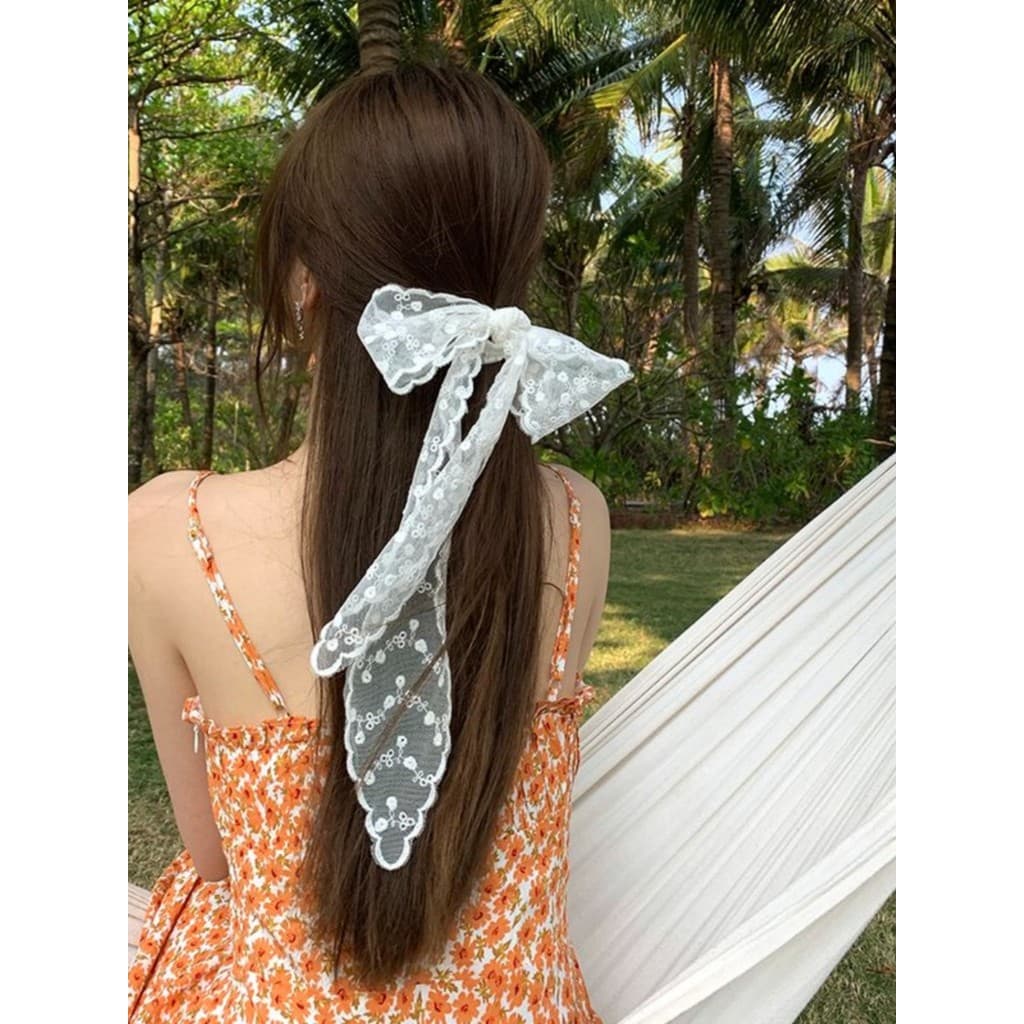 Doce laço menina faixa de cabelo lenço de seda High-End lenço longo lenço decorativo proteção do pescoço estilo francês