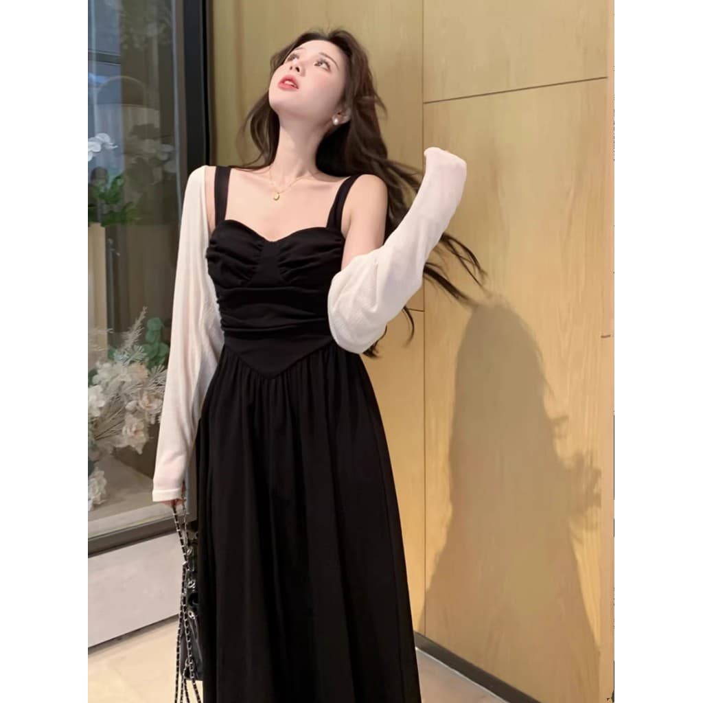 Plus Size feminino estilo francês preto estilingue vestido High-End primavera verão vestido ligeiramente gordo mm mais m