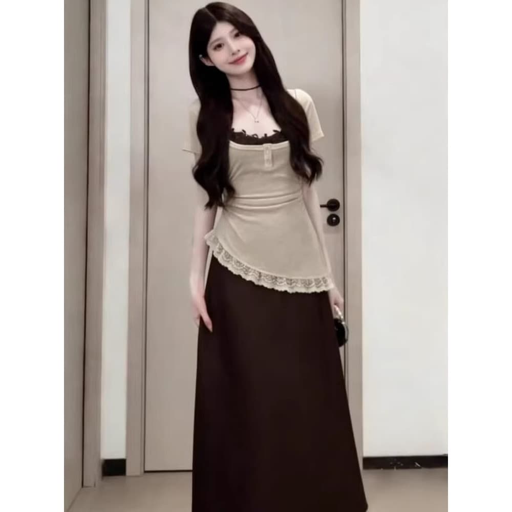 Puro desejo estilo quente menina irmã real renda costura Suspender saia em camadas blusa de manga curta Super bonito ele