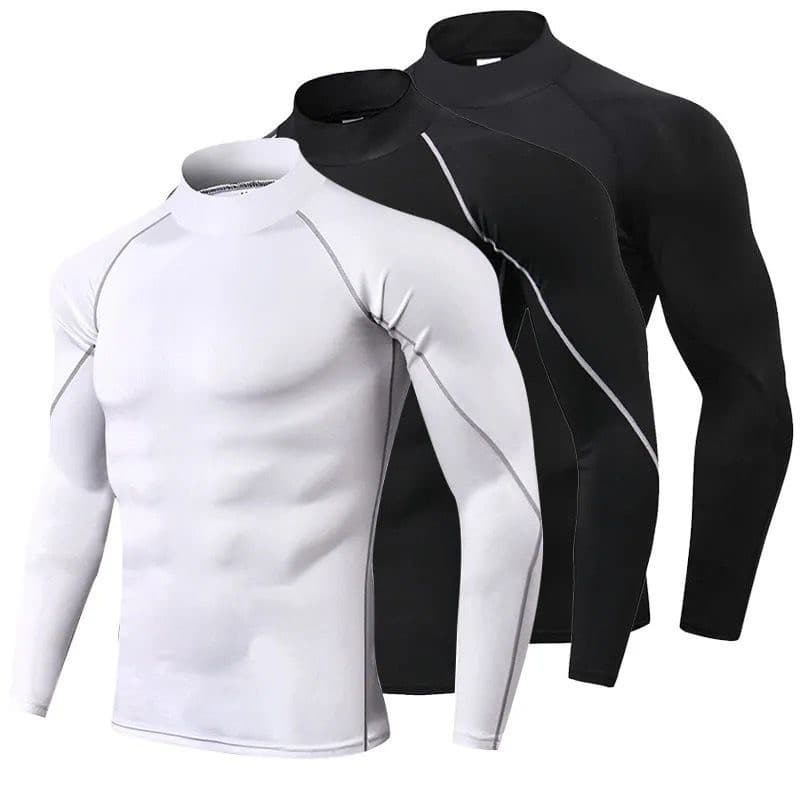 Pescoço alto de manga comprida correndo esportes respirável collants roupas de Fitness de secagem rápida masculino basqu