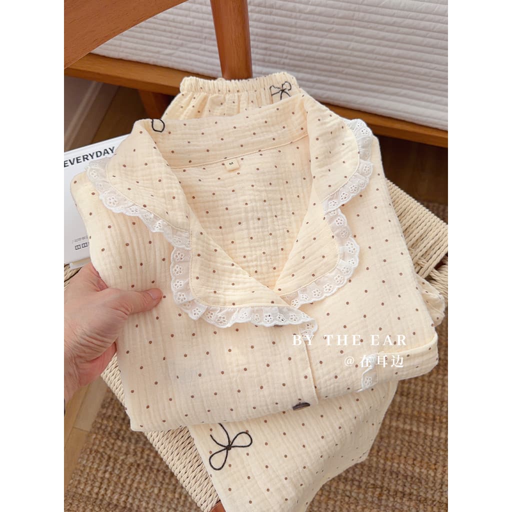Laço de damasco com leite | Pijamas de fio de algodão feminino primavera verão puro algodão calças de manga comprida gaz