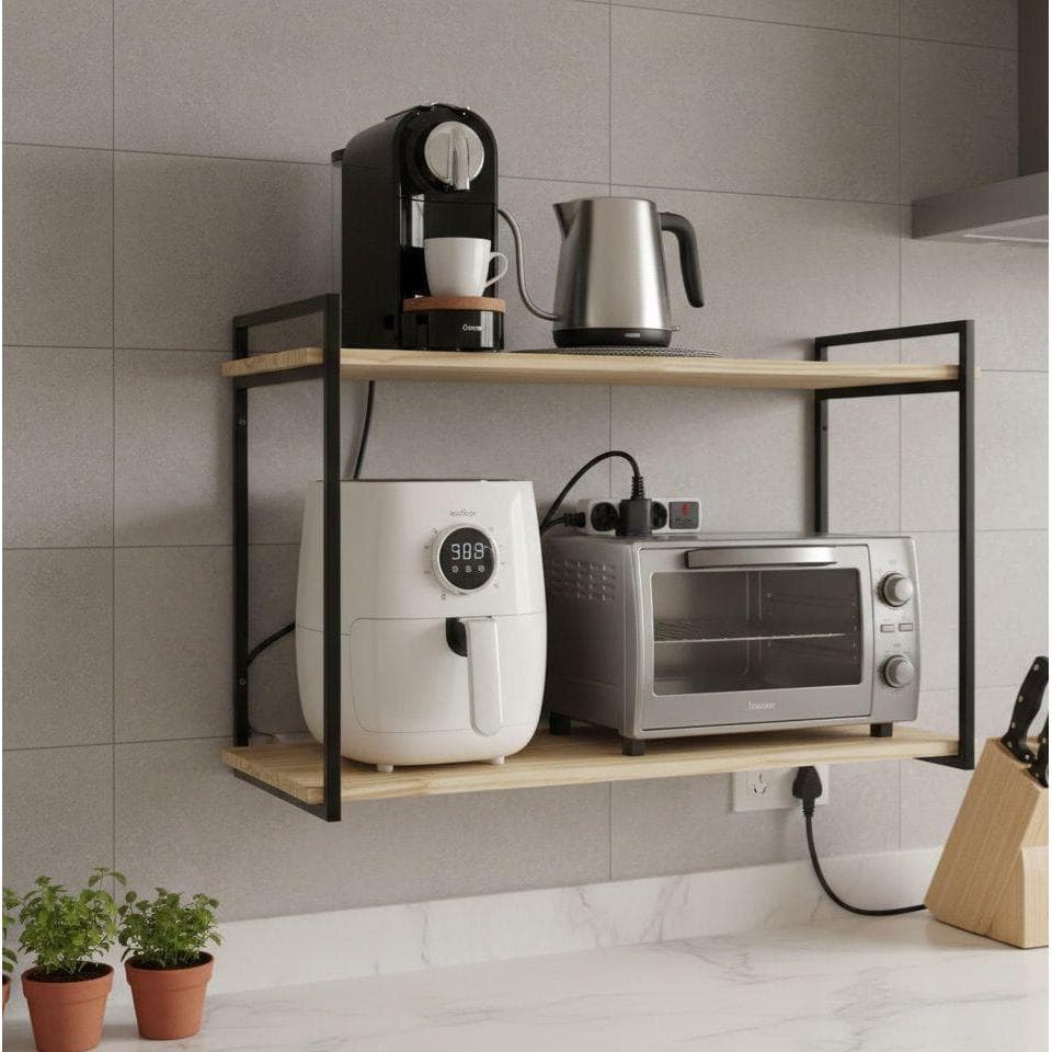 Suporte Prateleira Microondas Estilo Industrial Ferro E Madeira Reforçado De Parede Cozinha Organizador Suspenso Luxo.