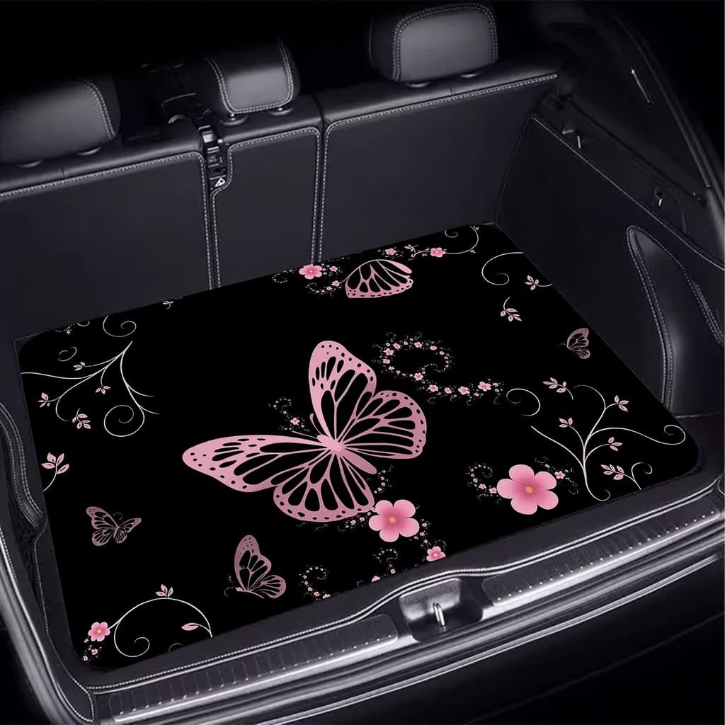 1 peça de borboleta rosa e flores lindo padrão de fundo tapete de porta-malas de carro, produtos essenciais de viagem, U