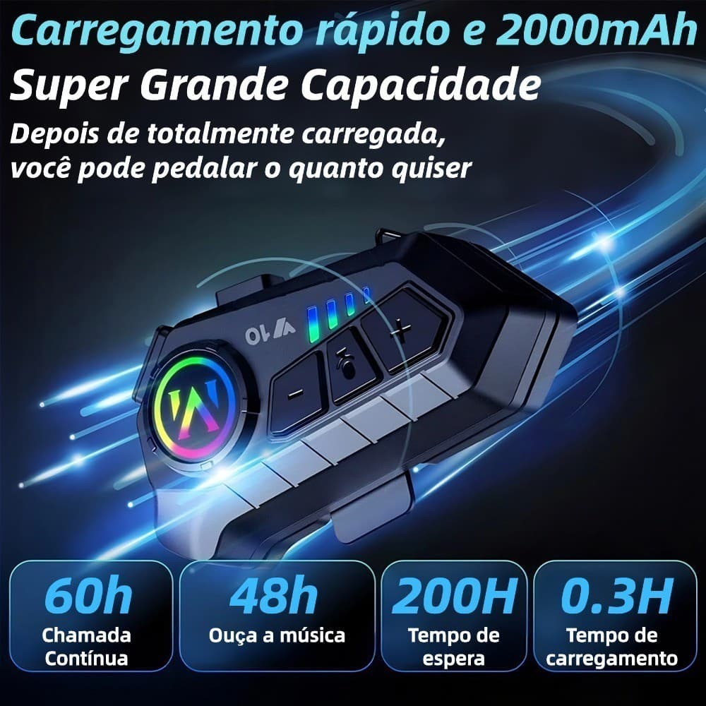 Intercomunicador para Capacete de Moto Y10 Bluetooth 5.3 Impermeável Longa Duração de Bateria