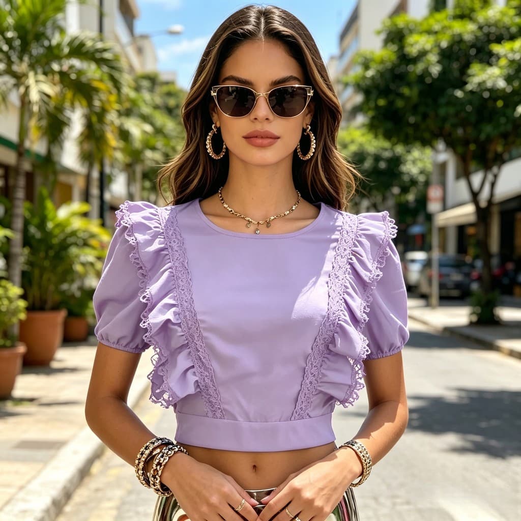 Blusa Feminina Gola Redonda com Babados de Renda para Passeios e Encontros 6302