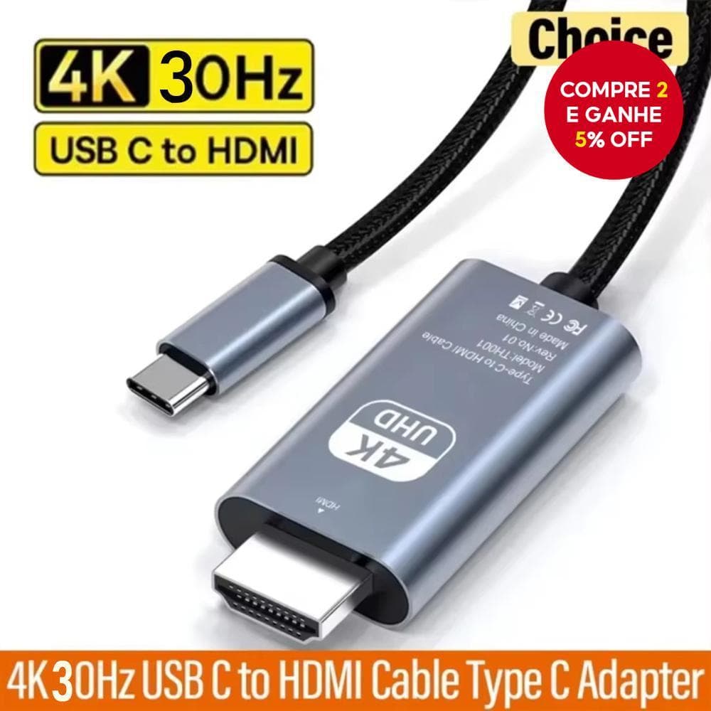 Adaptador Tipo C para HDMI 4K 30Hz, Hub USB 3.1, Cabo Conversor HDTV para PC e Laptop