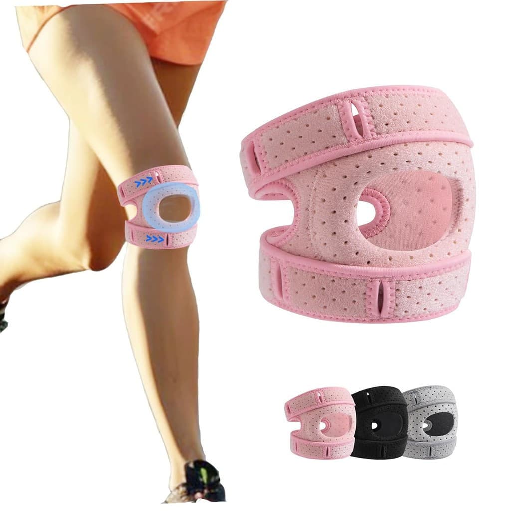 Joelheira ajustável rosa com almofada de amortecimento de 3 níveis, suporte aberto, adequada para corrida, caminhada, fu