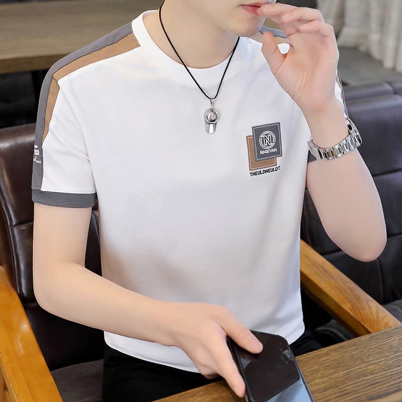 Camiseta de seda gelo masculina de manga curta 2025 novo estilo Street Wear em torno do pescoço camiseta masculina High-