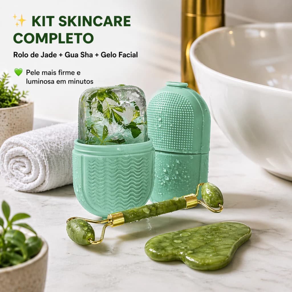 Kit Spa em Casa para Skincare Facial – Rolo de Jade, Pedra Gua Sha e Crioterapia Facial