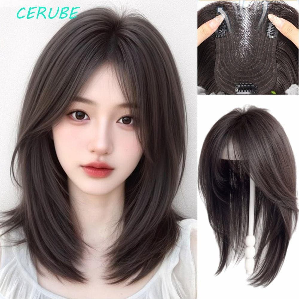 CERUBE Cabelo Longo E Reto Em Camadas , Grampo De Humano Na Parte Superior Da Cabeça , Pedaço Falso , Fofo