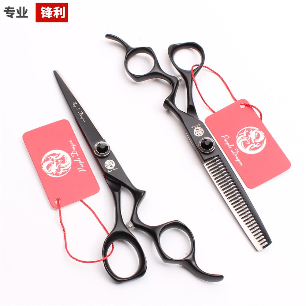Tesoura de corte de cabelo exclusiva de dragão roxo, cabo curvo, estilista de cabelo profissional, corte plano, franja,