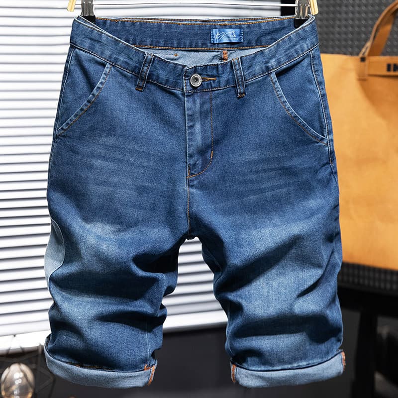Verão estilo fino tamanho grande costura Denim Shorts masculino mais gordura Extra elástico pessoas gordas desgaste exte