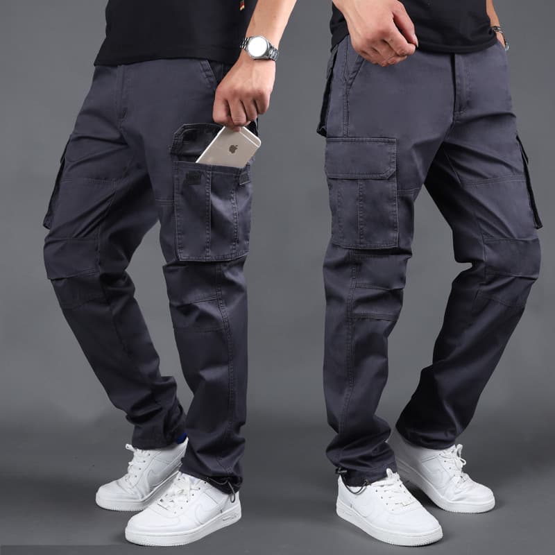 Calças masculinas primavera outono grosso solto em linha reta calças casuais Multi-bolso macacão calças masculinas marca