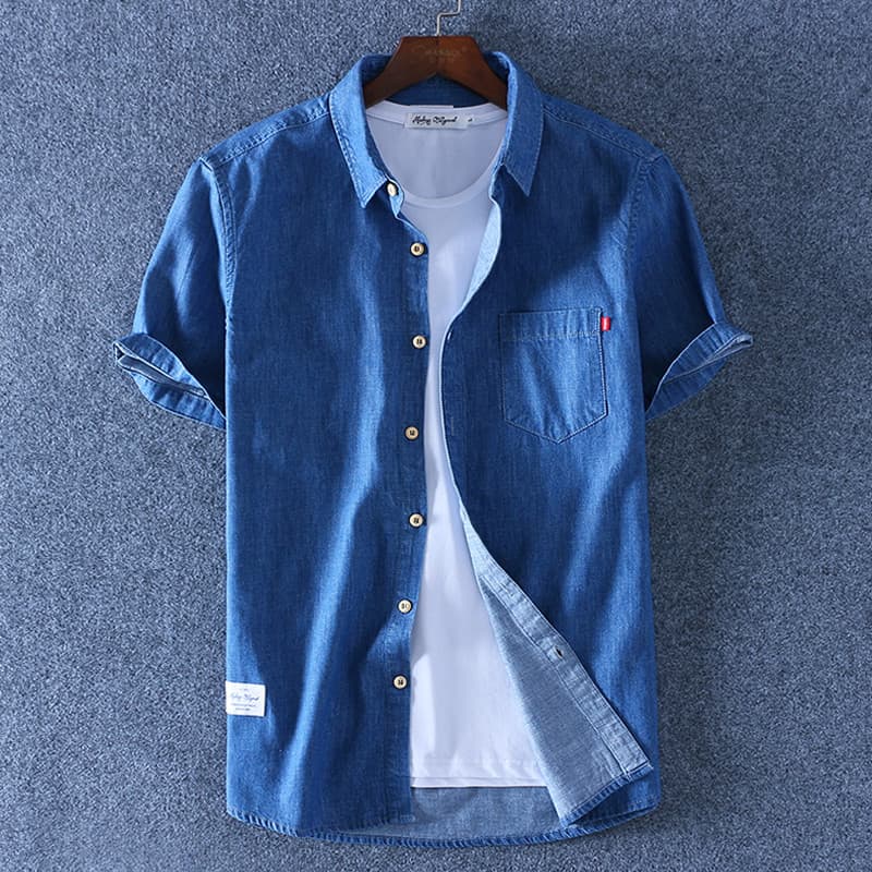 Sabaqi 2023 verão fino de meia-idade jovens camisa jeans de manga curta puro algodão Slub denim camisa de meia manga