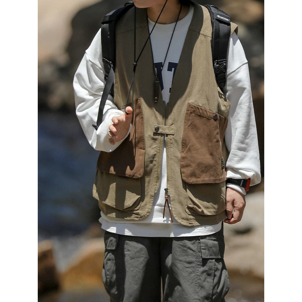 Japonês Retro bolso ferramentas colete masculino cityboy sem mangas contraste colete função solta colete exterior mascul